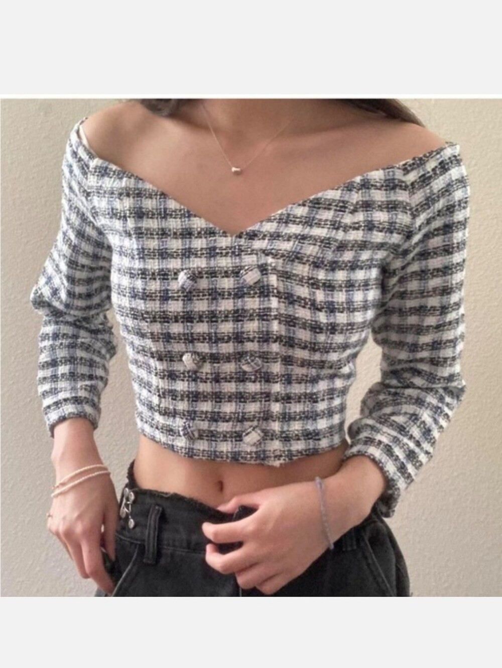 Zara Black & White Off-Shoulder Tweed Crop Top